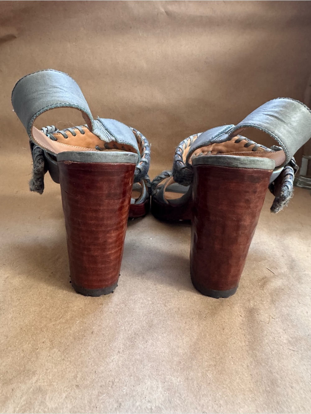 John Fluevog Tuggawar Hopscotch Leather Woven Fibre Strappy Heeled Sandals. 11.5 - Picture 5 of 15